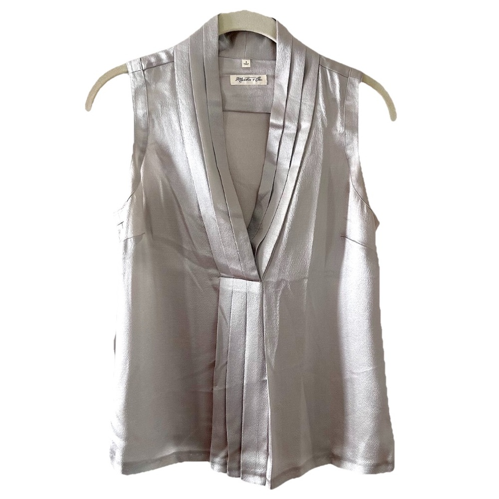 Martin + Osa Silk Blouse Silvery Grey Sleeveless Y2K Pleated Neckline Size 2
